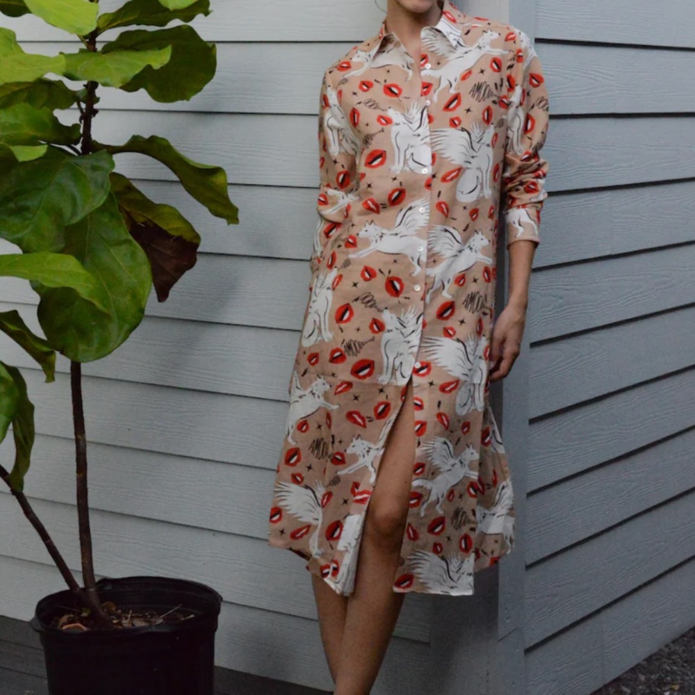 Las Surenas Wolf Kisses Linen Blend Dress In Grey Pattern Size M
